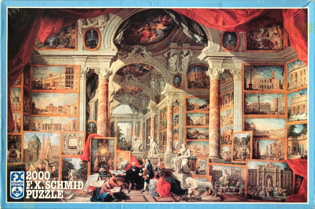A gallery scene featuring a walls covered in paintings of Roman architecture and historical sites.