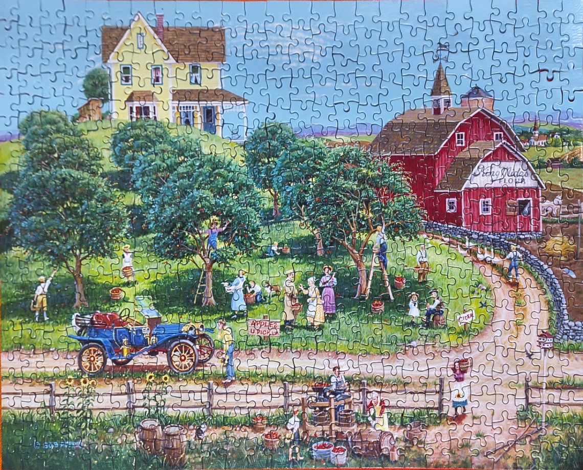 A nostalgic painting of families picking apples at an orchard next to a red barn and yellow farmhouse.