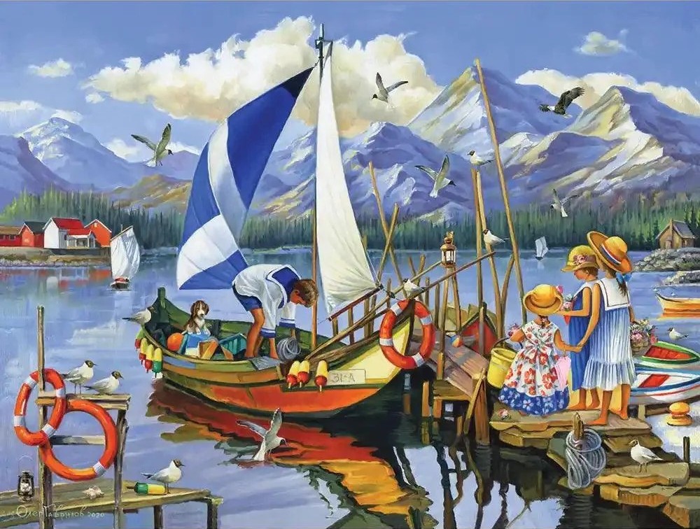 A boy in a sailor suit on a boat and two girls on a wooden dock by a calm lake with mountains in the background.