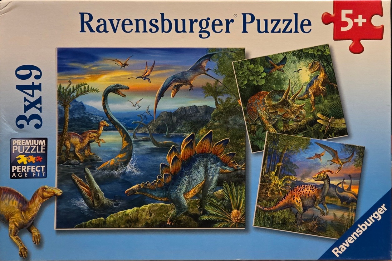 A collection of three prehistoric dinosaur scenes featuring various species in lush, natural habitats.