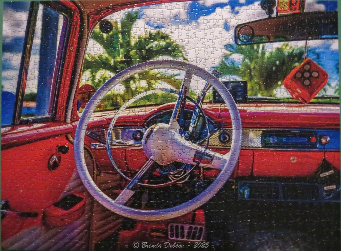 Interior view of a red classic car from the driver