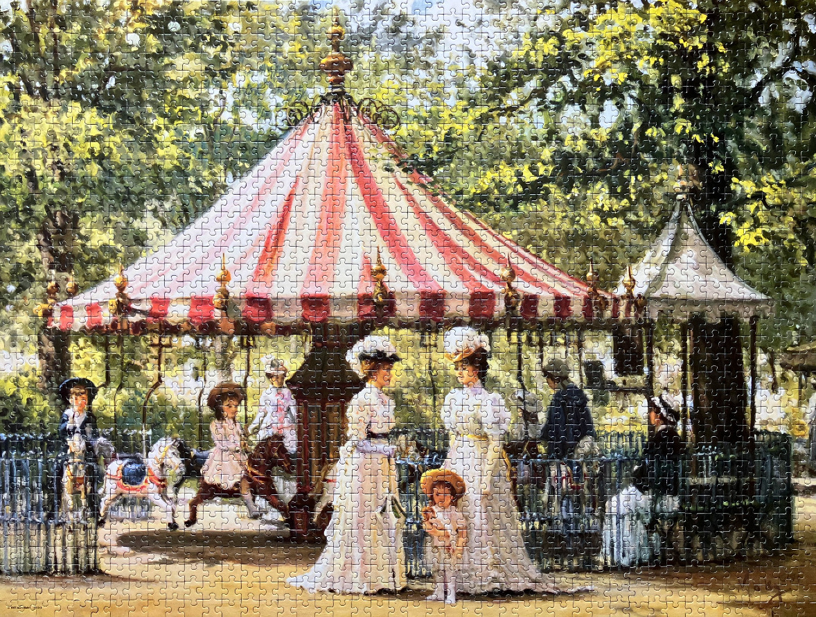 An Impressionist-style painting of people in Victorian-era clothing gathered around a striped carousel in a park.