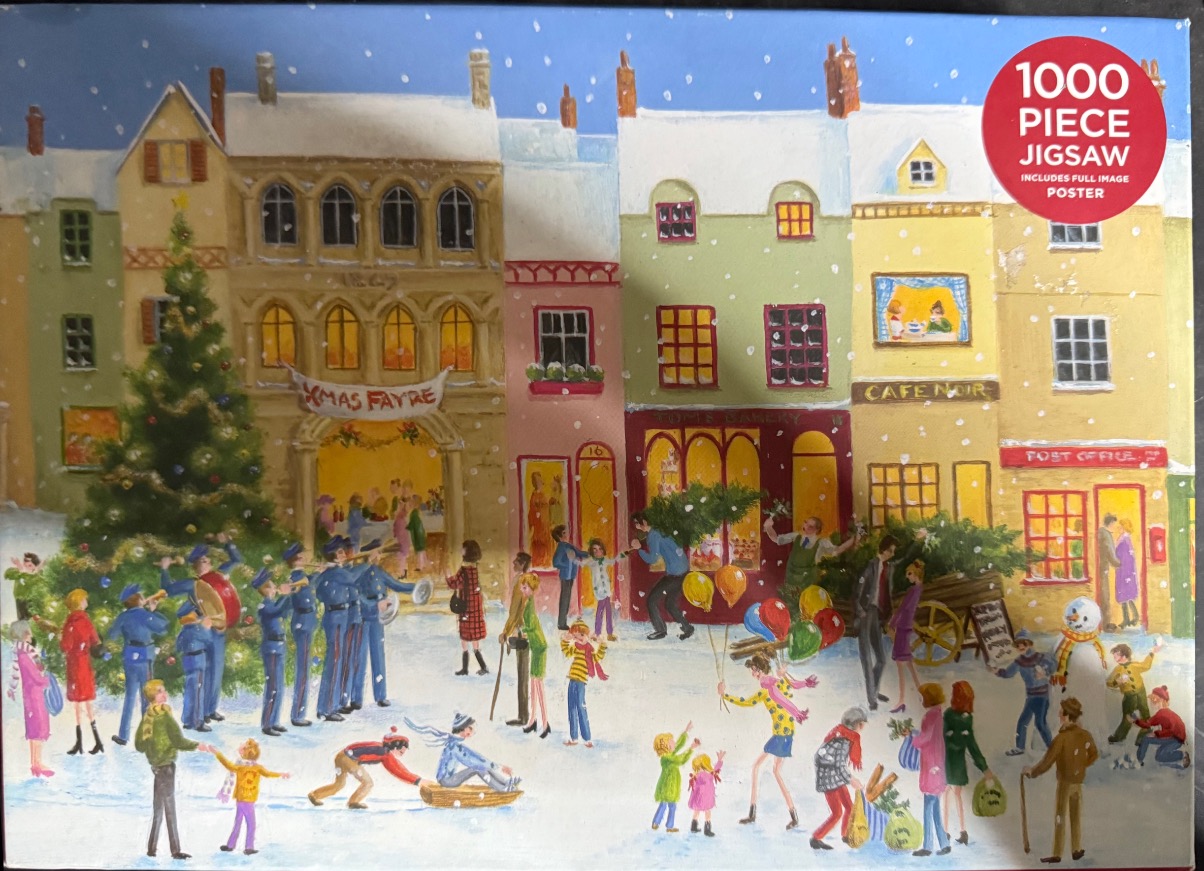 Illustration of a busy Christmas market in a snowy town square with figures and buildings.