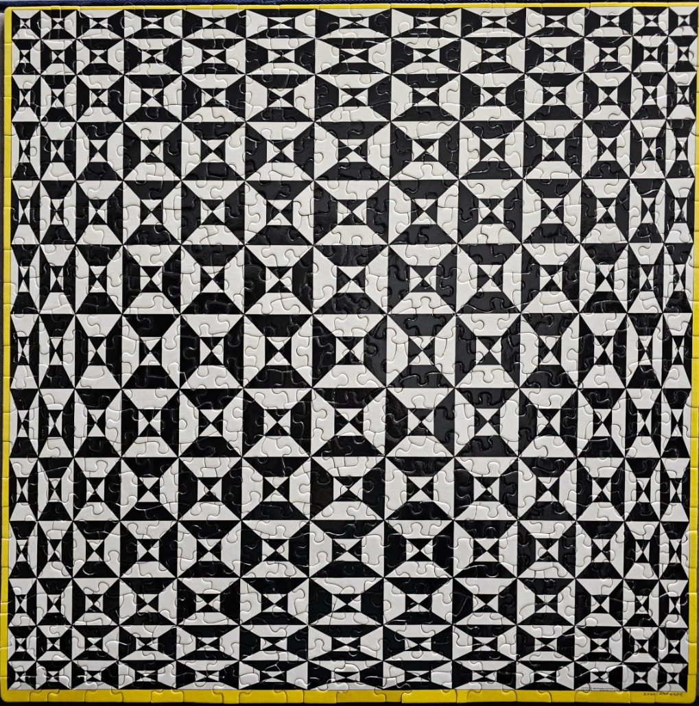 A black and white geometric op-art pattern featuring repeating square motifs