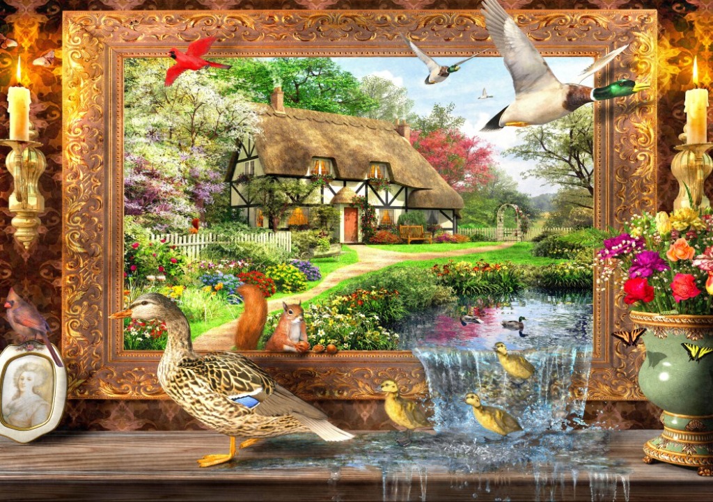 A whimsical scene showing a duck and ducklings interacting with a landscape painting in a ornate room.