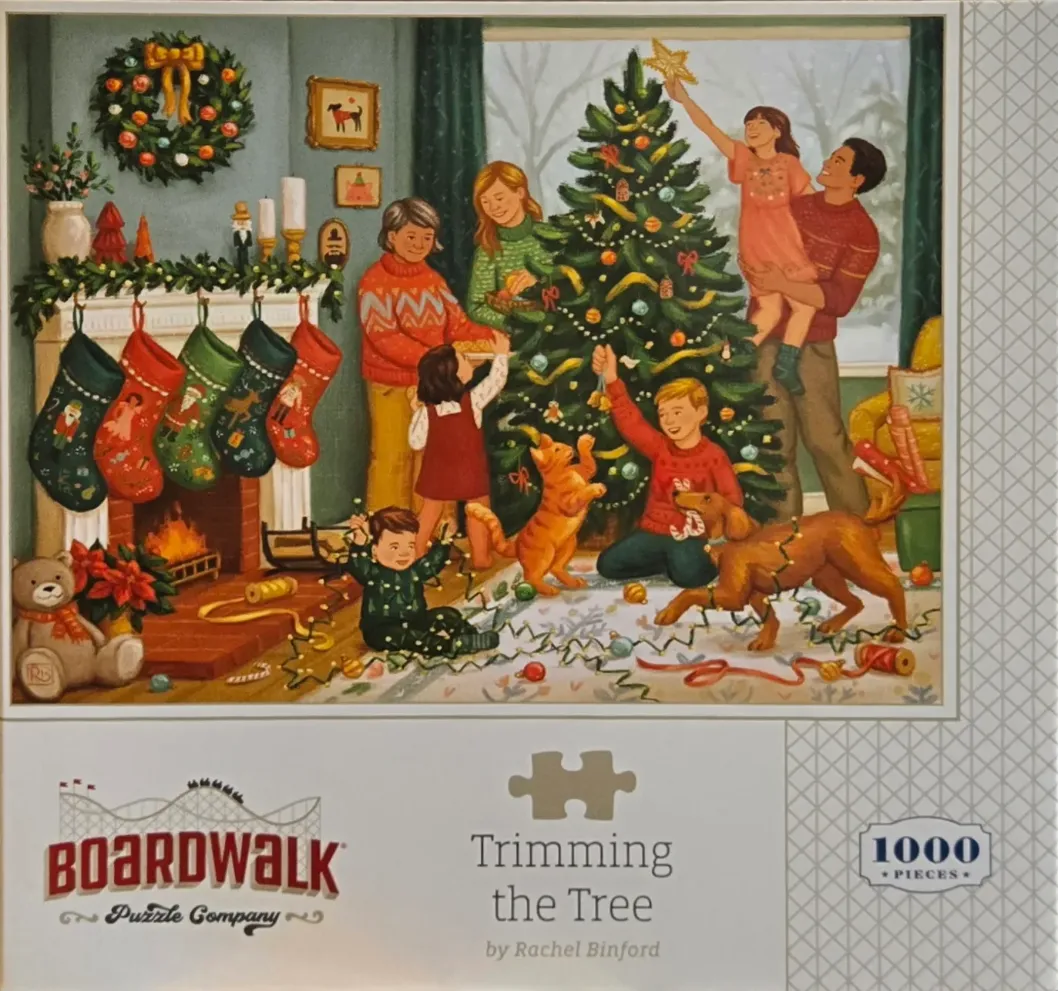 An illustration of a family decorating a Christmas tree in a cozy living room with a fireplace.