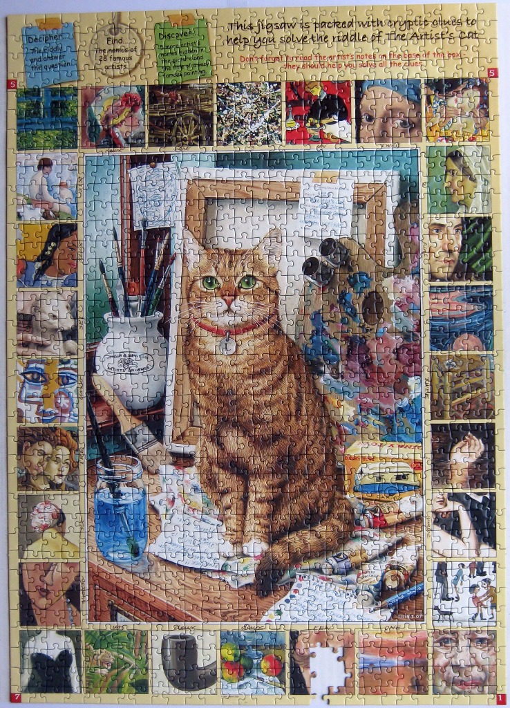 An illustration of an orange tabby cat sitting in an artist studio surrounded by a frame of famous art details.