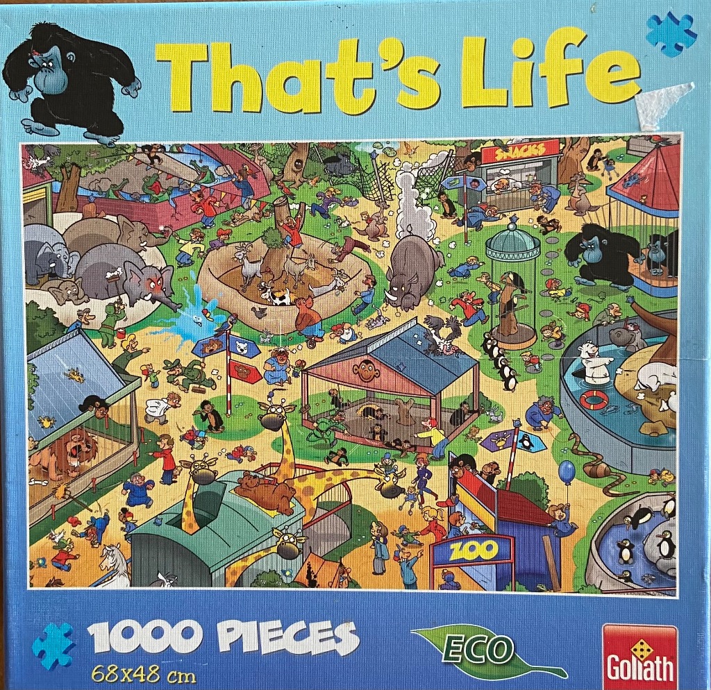 A chaotic, humorous cartoon illustration of a busy zoo featuring many animals and visitors.