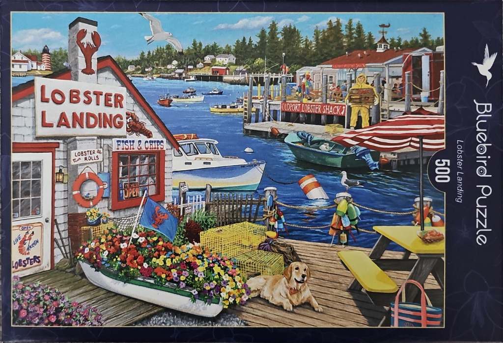 Coastal harbour scene featuring a lobster shack, a golden retriever, and boats on the water.