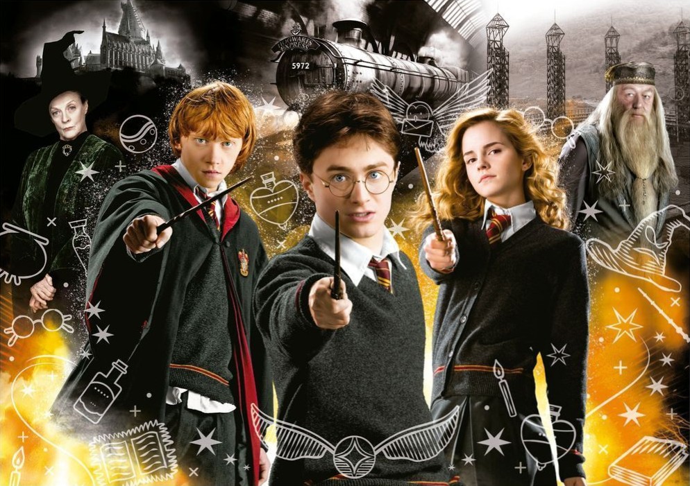 A montage of three students and two teachers from a magical school, accompanied by icons and a steam engine.