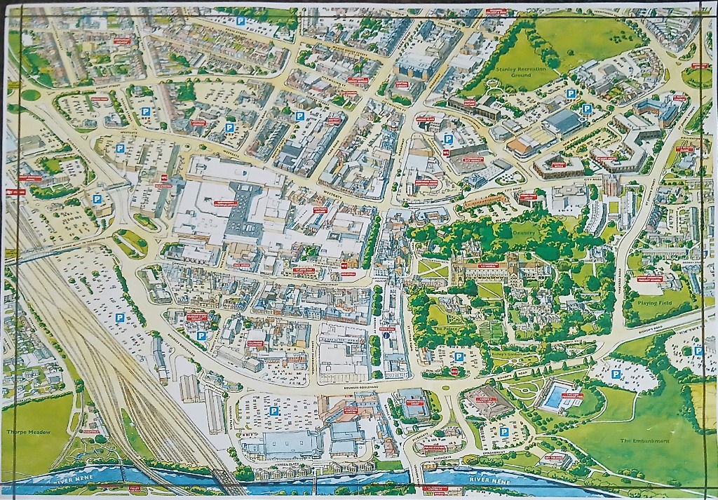 An illustrated map of Peterborough, England, showing city streets, buildings, green spaces, and the River Nene.