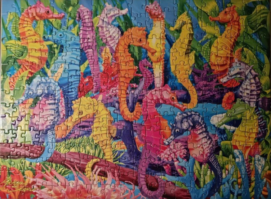 A vibrant underwater illustration featuring a school of colorful seahorses swimming among coral and sea grass.