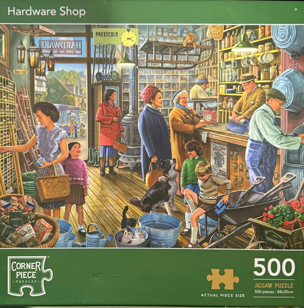 Illustration of a busy, nostalgic 1950s-style hardware store with customers, children, and pets.