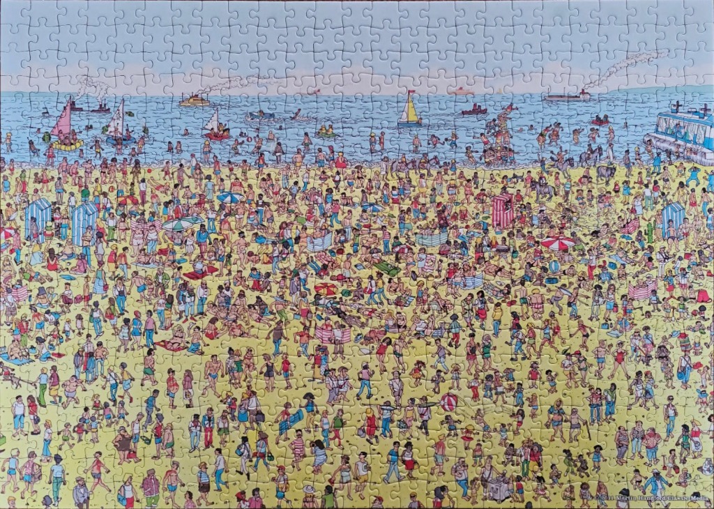 A dense, chaotic illustration of a crowded sunny beach with hundreds of tiny figures and activities.