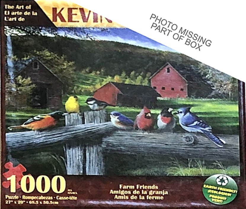 A row of colorful songbirds perched on a rustic wooden fence in front of a rural farm landscape.