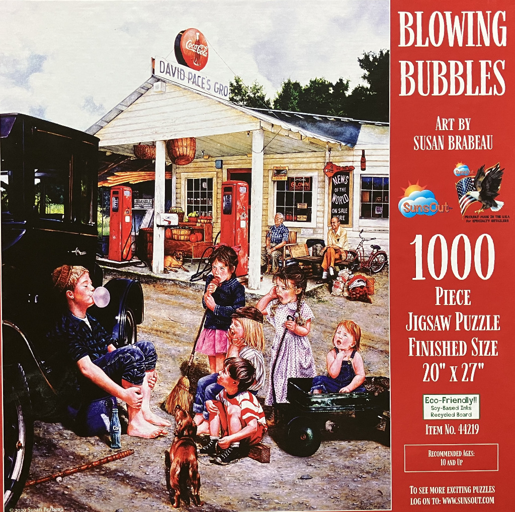 A nostalgic painting of children playing in front of an old-fashioned grocery store with a vintage car.