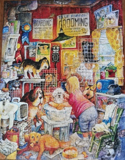 Cartoon scene of a busy dog grooming salon featuring a person washing a small white dog surrounded by various pets.