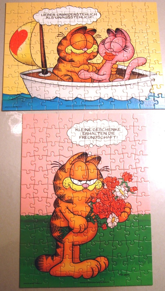 Two cartoon illustrations of the orange cat Garfield, one on a sailboat and one holding a bouquet of flowers.