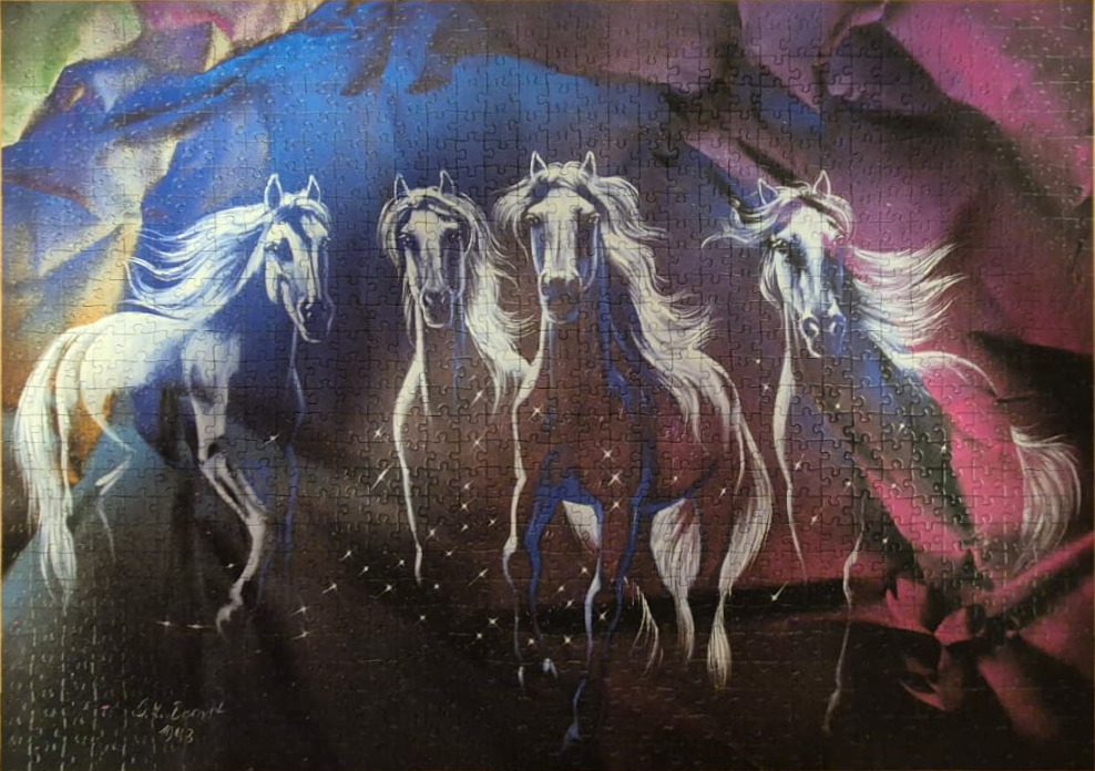 Four white horses galloping through a dark, magical landscape with star-like glimmers.