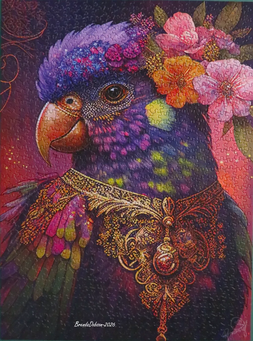 An ornate, stylized portrait of a parrot with a floral crown and gold jewelry against a deep purple background.