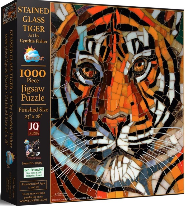 A close-up mosaic artwork of a tiger face rendered in the style of stained glass.