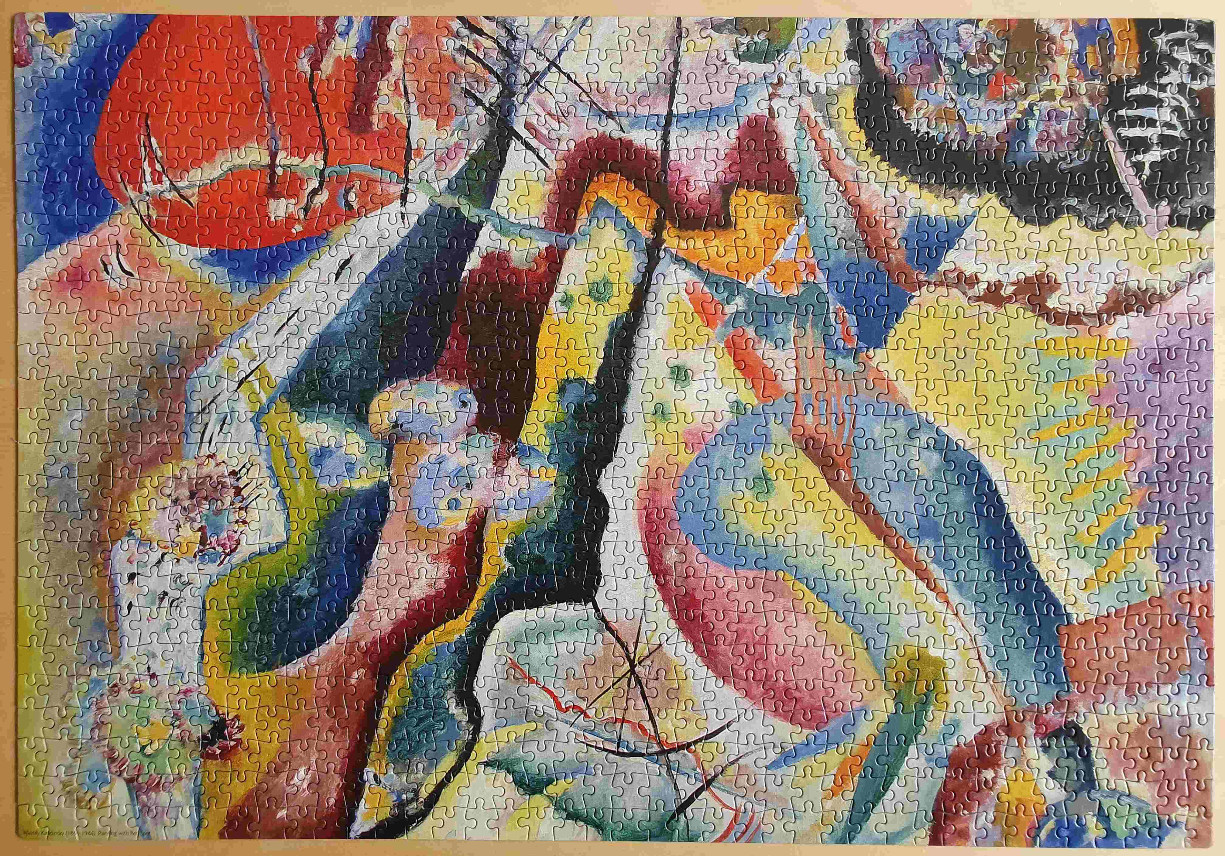 Abstract Expressionist painting with vibrant swirling colours and bold black lines
