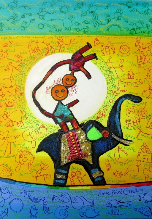 A whimsical illustration of two figures balancing on an elephant against a yellow sun and handwritten background.