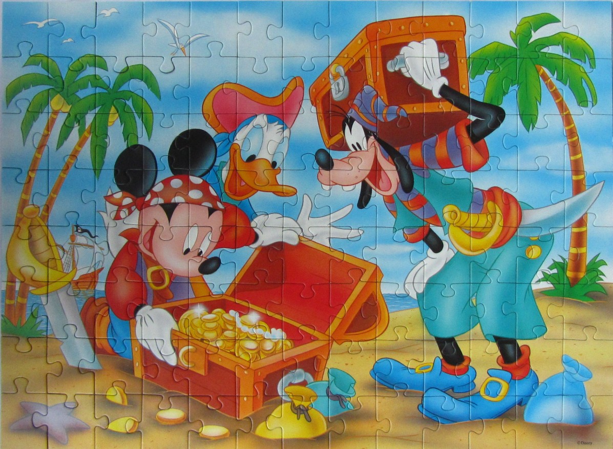 Mickey Mouse, Donald Duck, and Goofy dressed as pirates on a beach searching for treasure.