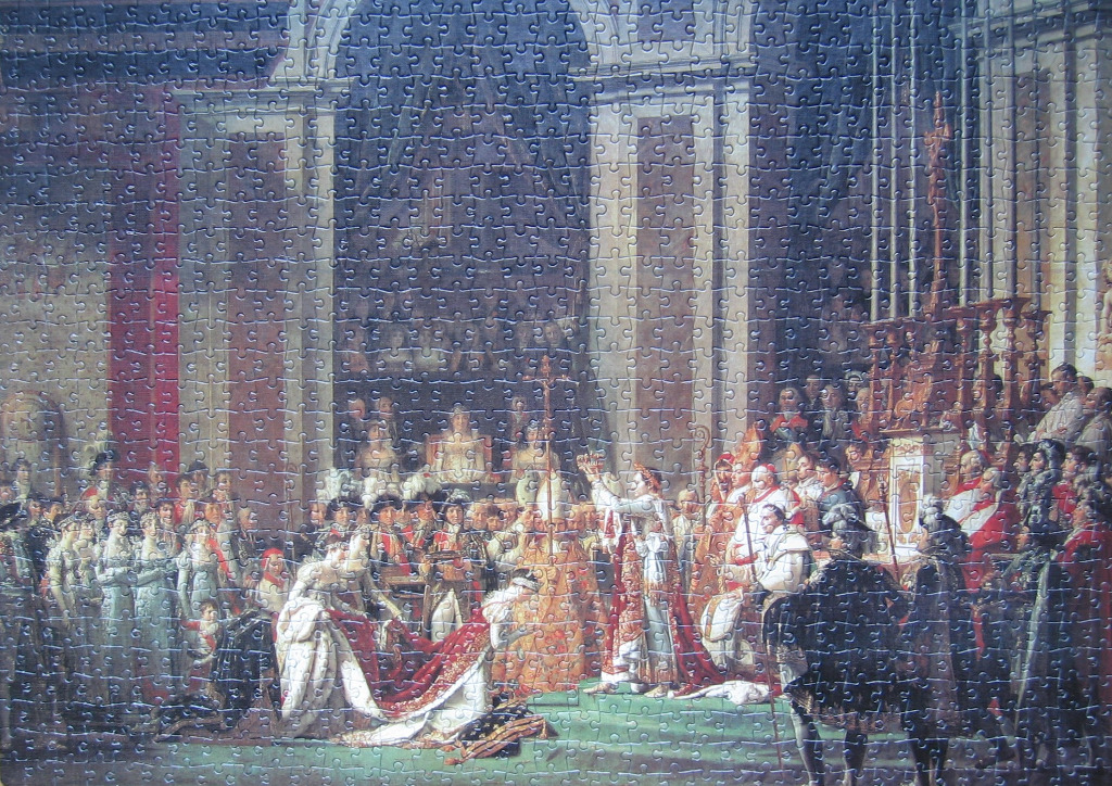 A painting of the coronation of Napoleon Bonaparte in a grand cathedral.