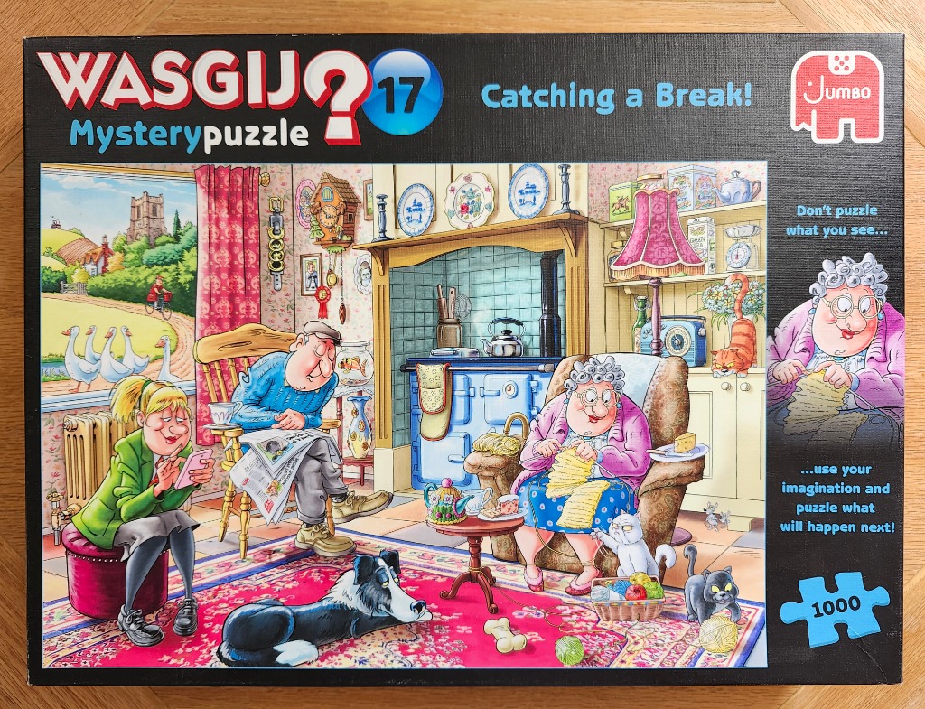 A humorous cartoon illustration of a cozy English cottage interior featuring an elderly couple, a younger woman, and pets.