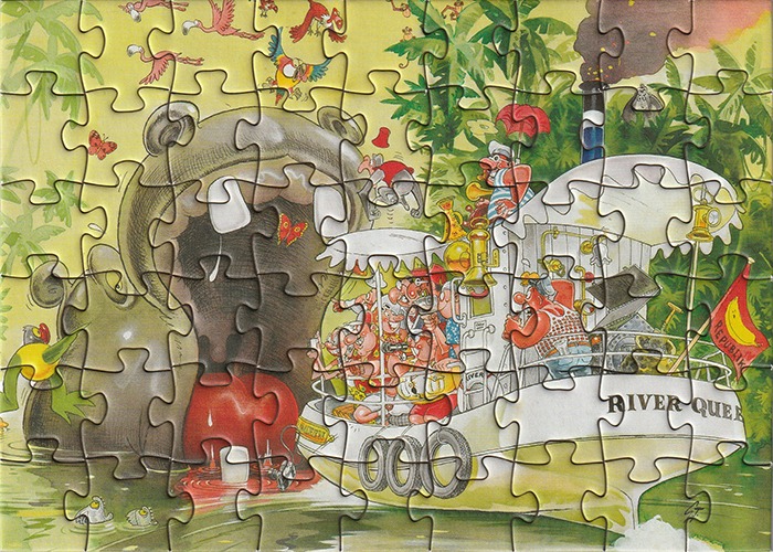 Cartoon illustration of a hippo and a boat filled with people.