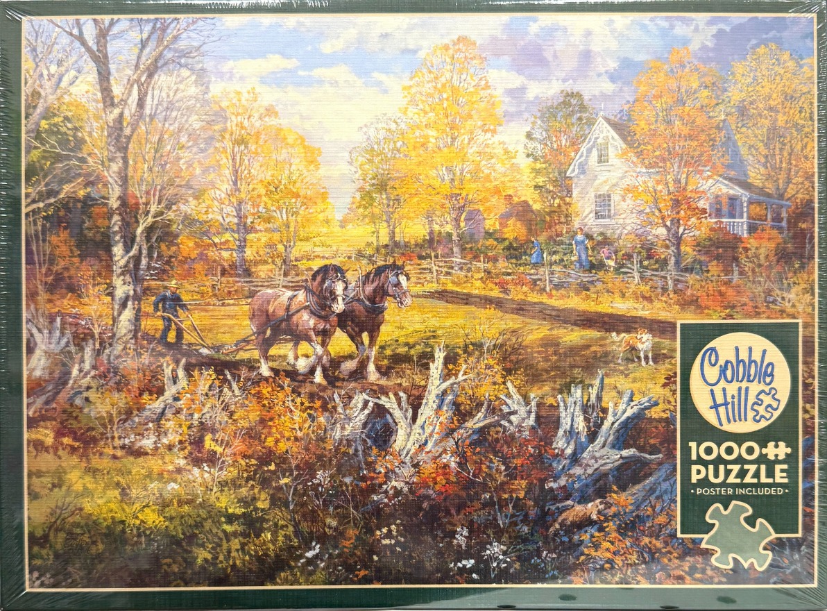 An oil painting of a farmer plowing a field with two horses during a golden autumn day.
