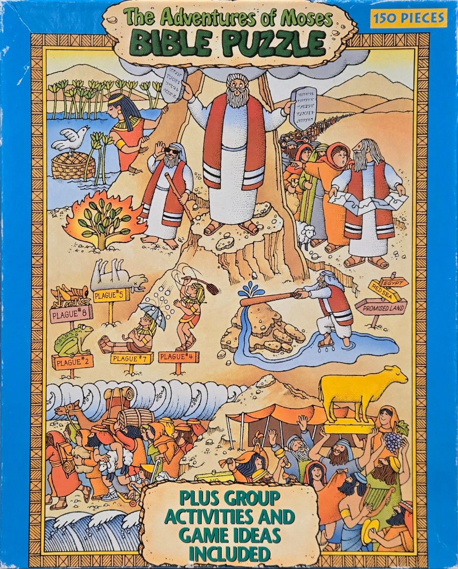 A cartoon-style illustration showing scenes from the biblical story of Moses, including the Exodus and Ten Commandments.