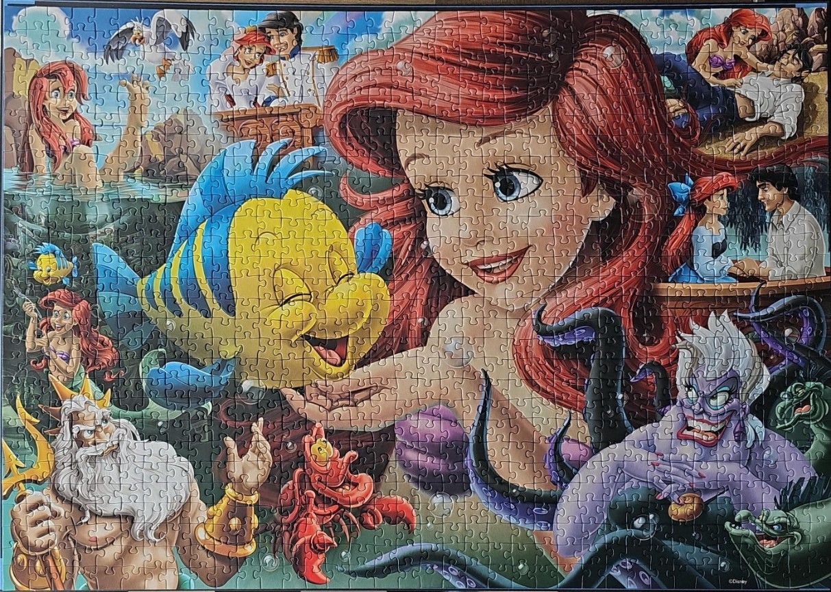 Collage of characters from The Little Mermaid featuring Ariel, Flounder, Sebastian, King Triton, and Ursula.