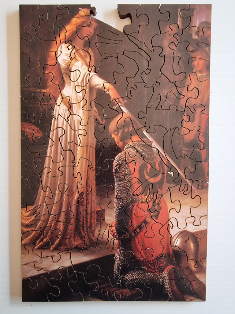 A painting of a medieval woman crowning a kneeling knight with a sword.