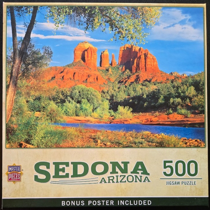 Landscape photography of red rock formations in Sedona, Arizona, featuring a river and lush greenery.