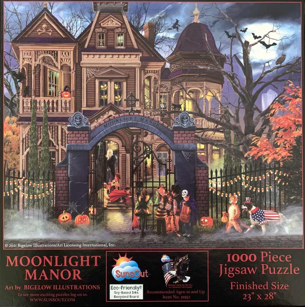A spooky Victorian mansion at night with children trick-or-treating under a full moon.