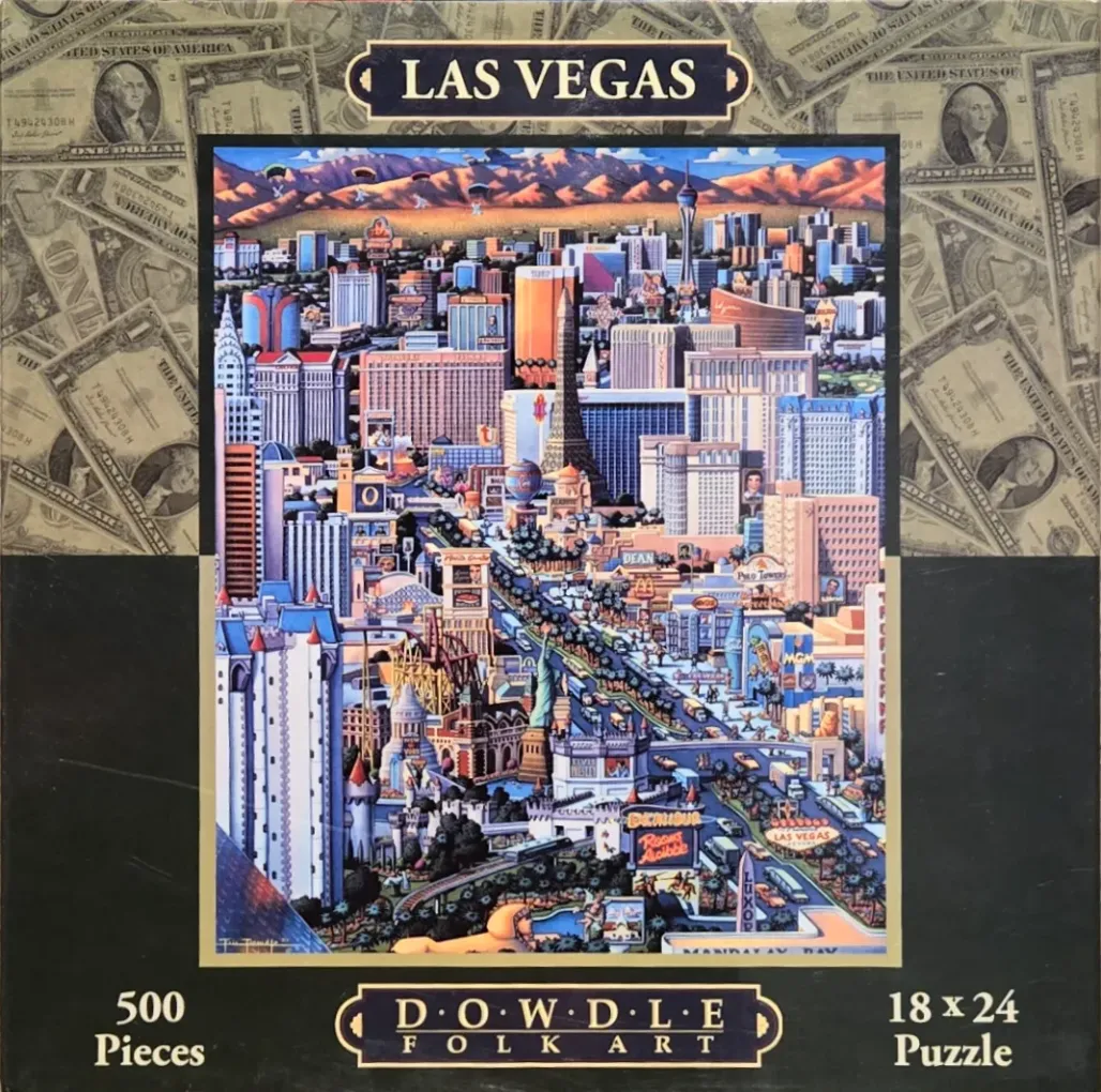 A folk art illustration of the Las Vegas strip with the city skyline set against a mountain backdrop.
