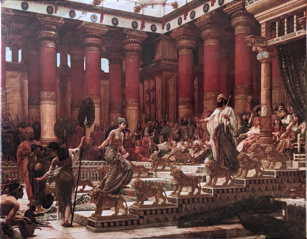 Oil painting of Queen Esther approaching the enthroned King Ahasuerus in a grand, pillared palace hall.