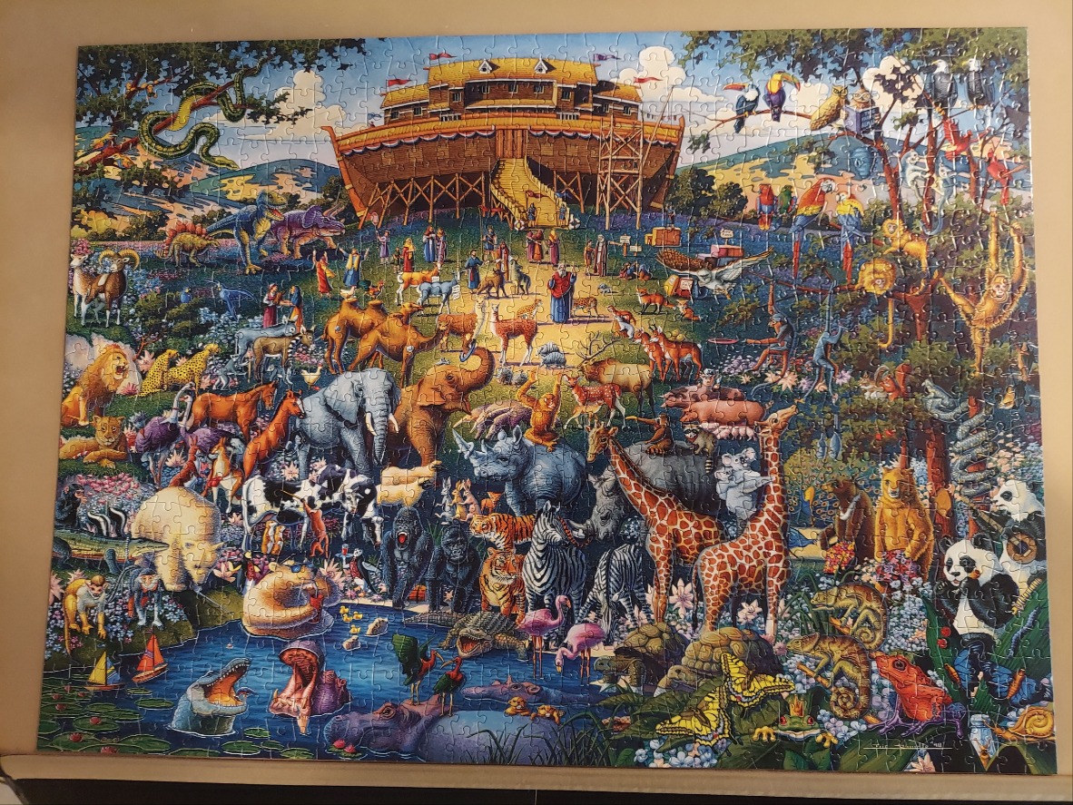 A whimsical illustration of Noah's Ark filled with diverse animals in a lush landscape.