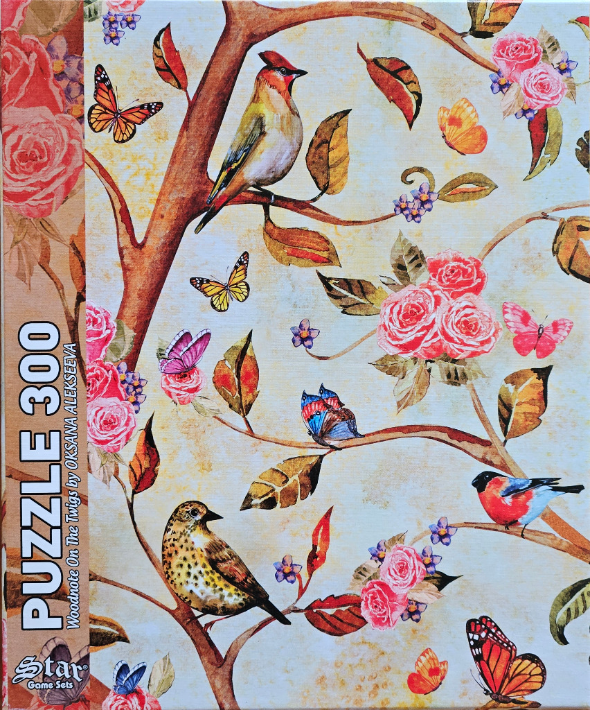 Painting of birds, butterflies, and roses on tree branches against a soft, yellow textured background.