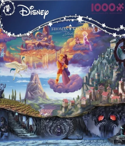 A fantasy illustration of Hercules and Megara dancing on a cloud above a stylized Greek landscape.