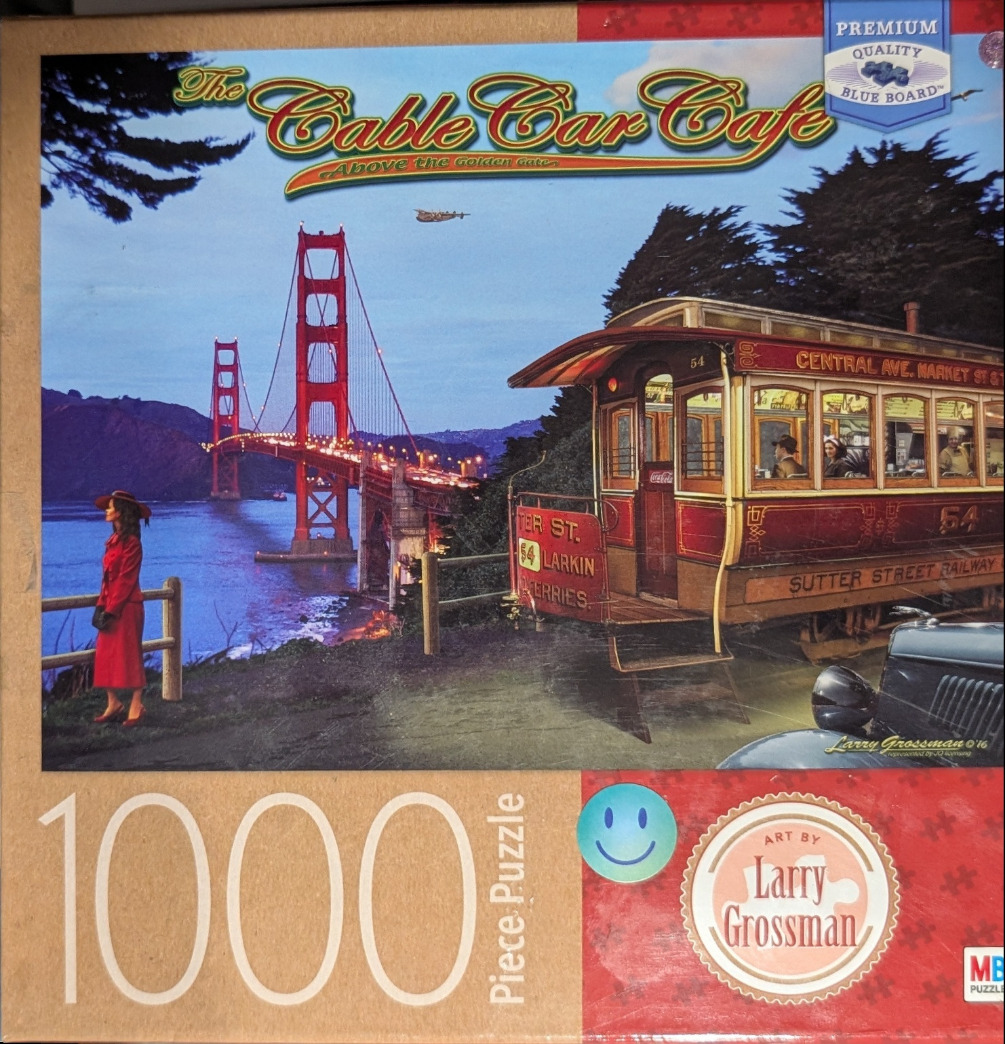 A vintage-style illustration of a red cable car parked near the Golden Gate Bridge, with a woman in red looking on.