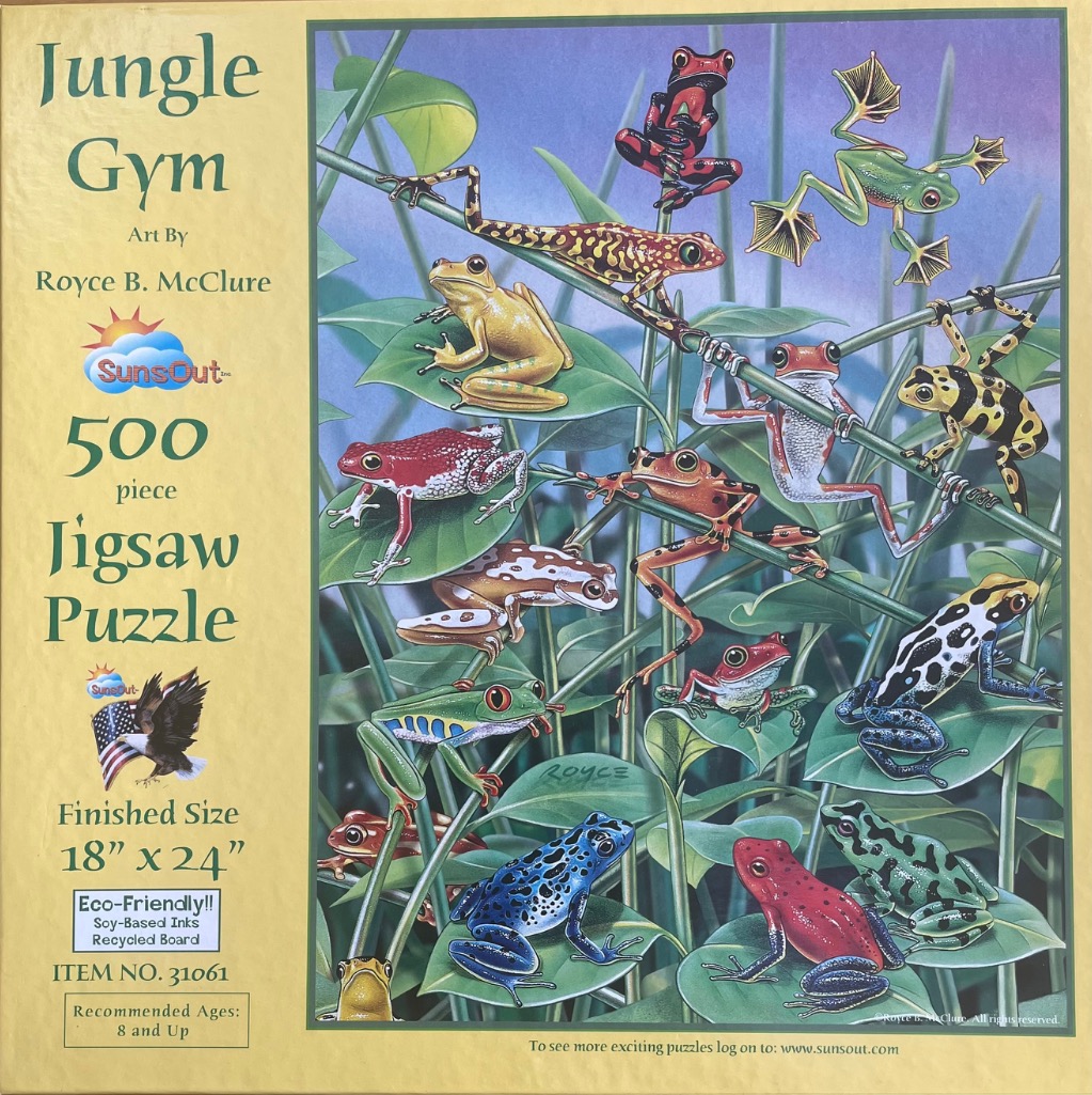 An illustration of many colorful tropical frogs perched on green leaves and thin vines.