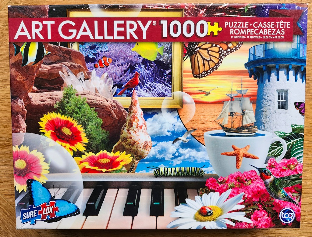 A surreal collage featuring a piano keyboard, an underwater scene in a frame, a lighthouse, and various wildlife.
