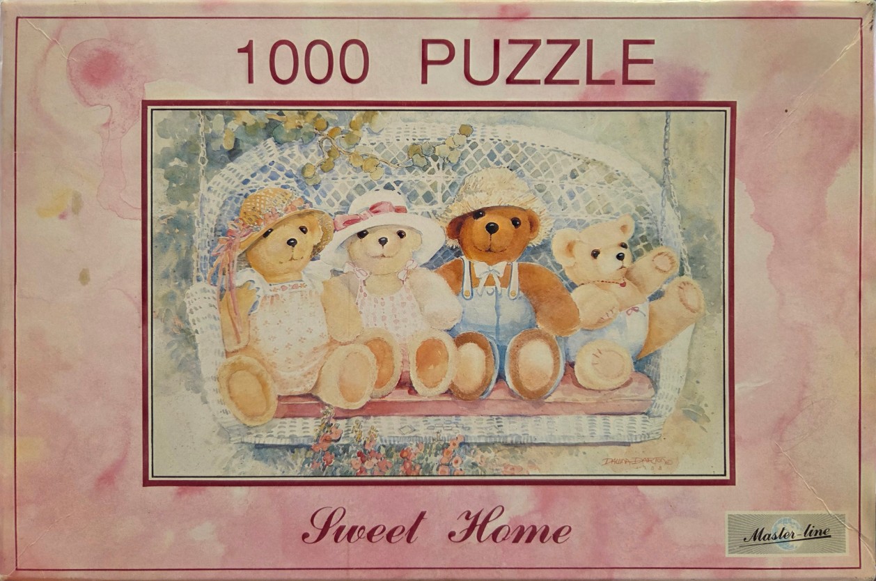 A watercolor painting of four teddy bears sitting on a white wicker swing.