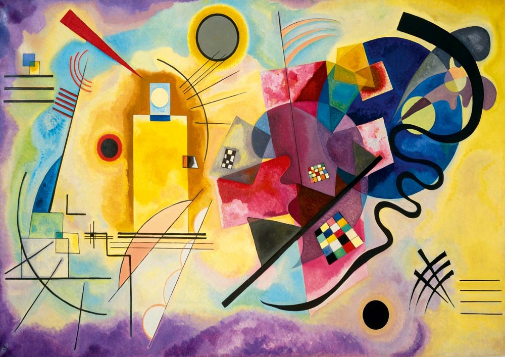 An abstract composition featuring vibrant geometric shapes, intersecting lines, and bold color blocks against a wash backgrou
