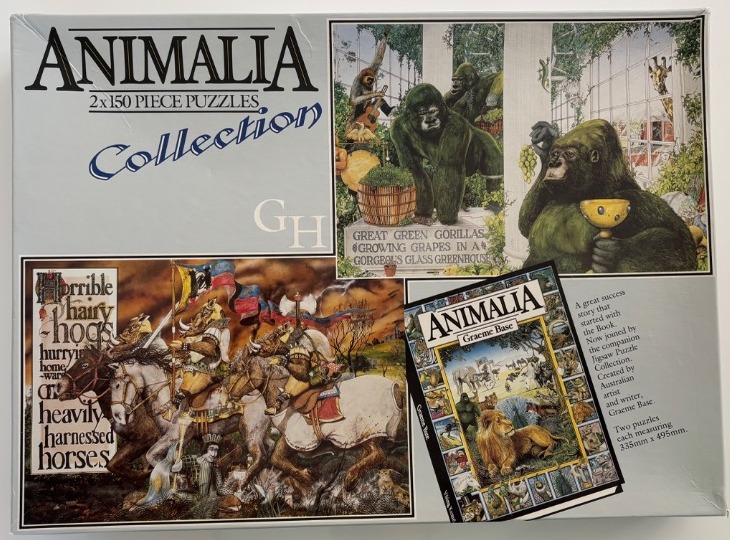 Two illustrations depicting gorillas in a greenhouse and hog knights on horseback.