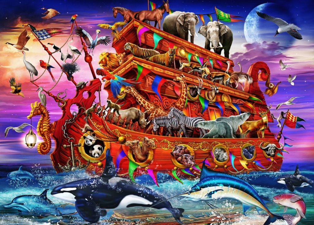 A vibrant, surreal depiction of a large red wooden ship crowded with diverse animals on a stormy sea under a full moon.