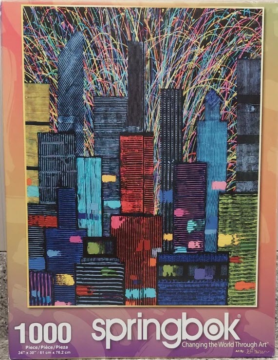 Stylized cityscape with tall skyscrapers under a vibrant explosion of colorful line art.